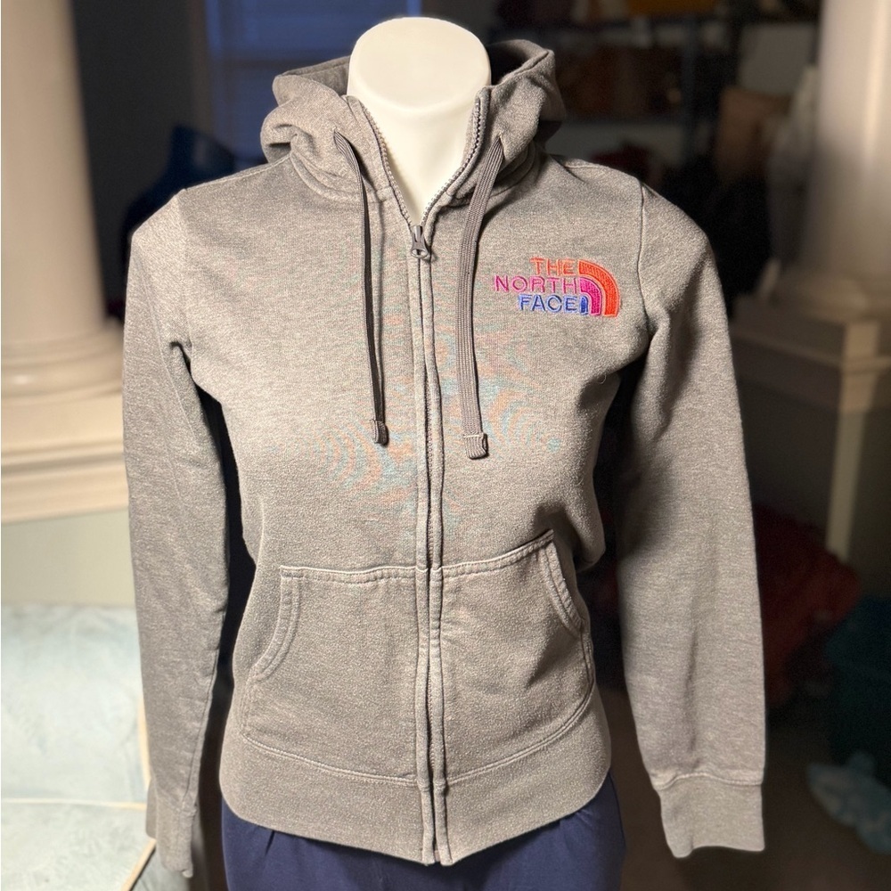 The North Face Women's Gray Full-Zip Hoodie with Colorful Logo